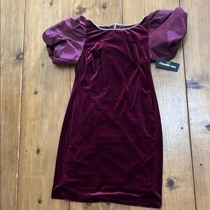Karl Lagerfeld Burgundy Velvet Dress with Rhinestone Trim Taffeta Puff Sleeves